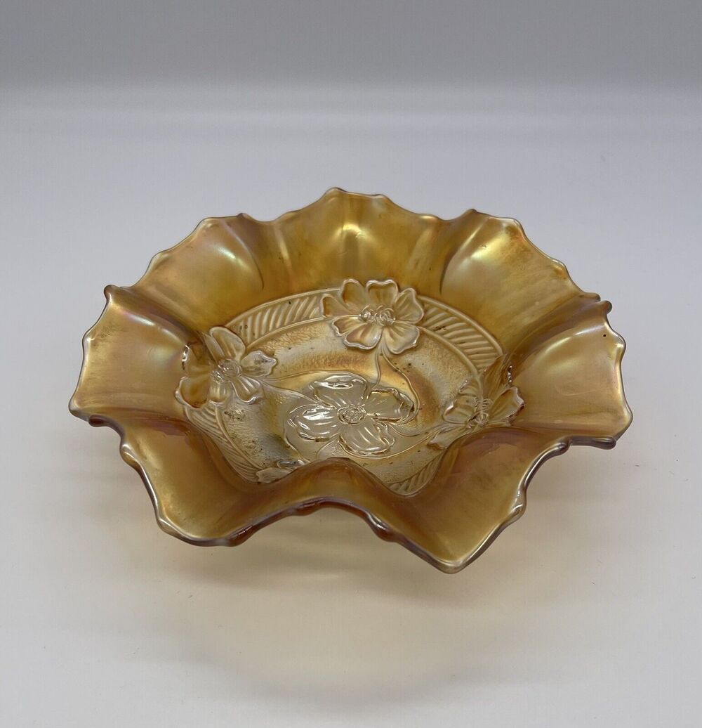 Dugan Diamond Glass Iridized Marigold Carnival Apple Blossom 7 3/4" Ruffled Bowl